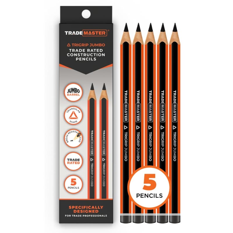 TRADEMASTER Carpenters Pencils Pack of 5 | Builders Pencil with TriGrip Jumbo Barrel - Construction Pencils Having Hard Lead for Marking Wood, Brick, Concrete & Plasterboard | Work Pencil for Builders - Image 1