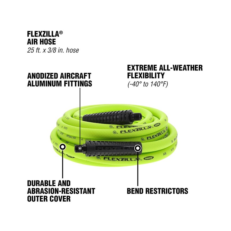 Flexzilla Air Hose, 3/8 in. x 25 ft., 1/4 in. MNPT Fittings, Heavy Duty, Lightweight, Hybrid, ZillaGreen - HFZ3825YW2 - Image 3