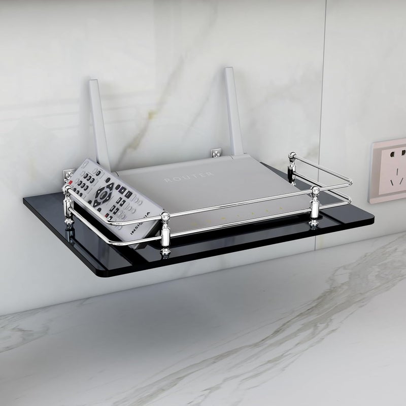 FORTUNE Multipurpose Glass Setup Box ShelfTV Setup Box StandSet Top Box StandWiFi Router Stand with Heavy Wall Mount Brackets 12 X 9 INCH Black - Image 1