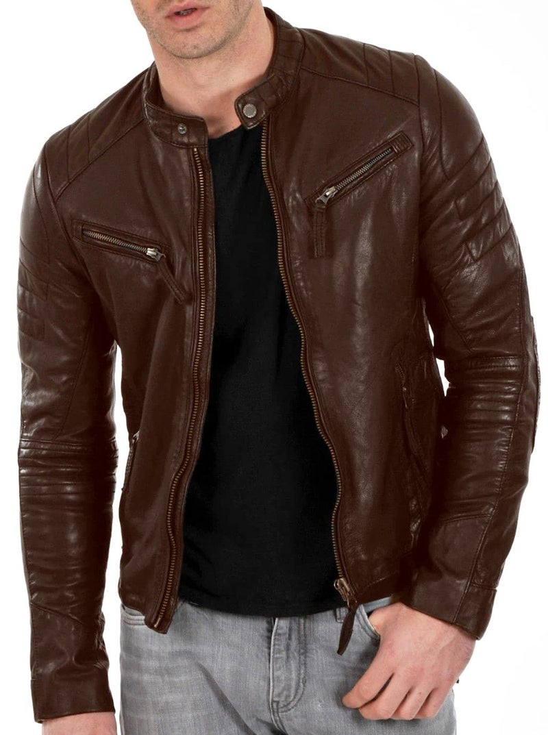 DECIMAL Mens Black BROWN Genuine Lambskin Leather Biker Jacket VINTAGE REAL MOTORCYCLE JACKETS FOR MEN M BROWN
