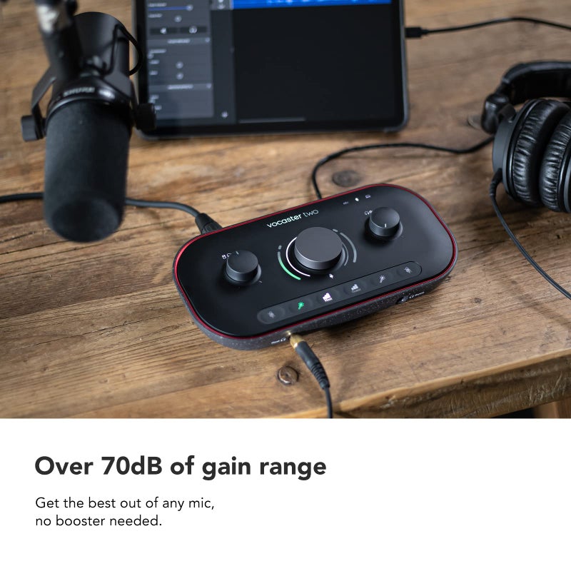 Focusrite Vocaster Two â€” Podcasting Interface for Recording Host and Guest. 2 Mic Inputs and Headphone Outputs, with Auto Gain, Enhance, and Mute. Small, Lightweight, and Powered by Computer - Image 3