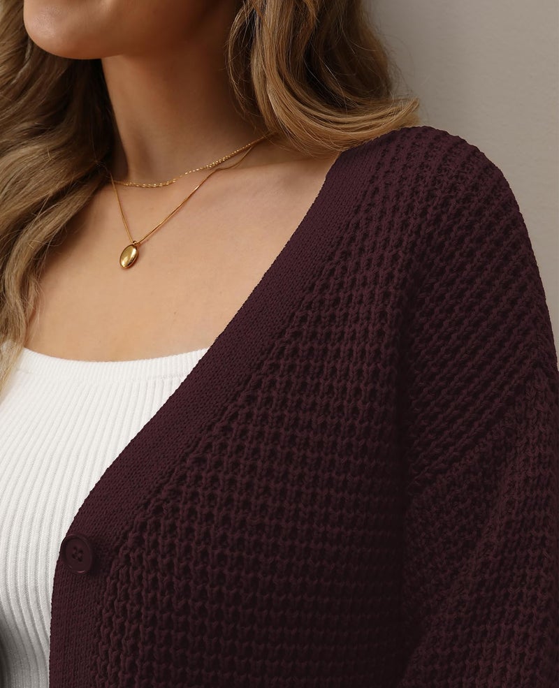 QUALFORT Women's Cardigan Sweaters for Women 100% Cotton Button-Down Long Sleeve Fall Sweaters for Women 2026 Burgundy Medium - Image 3