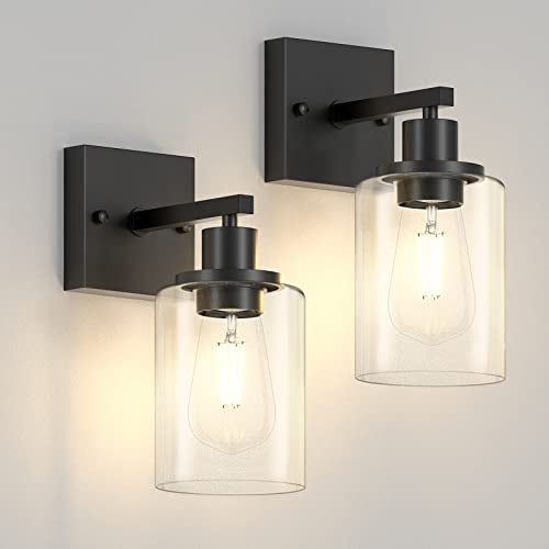 Licperron Black Vanity Wall Sconces Set of Two, Modern Sconces Wall Lighting Fixture with Clear Glass Shade for Bathroom, Industrial Metal Wall Mount Lamp for Bedroom Mirror Living Room - Image 1