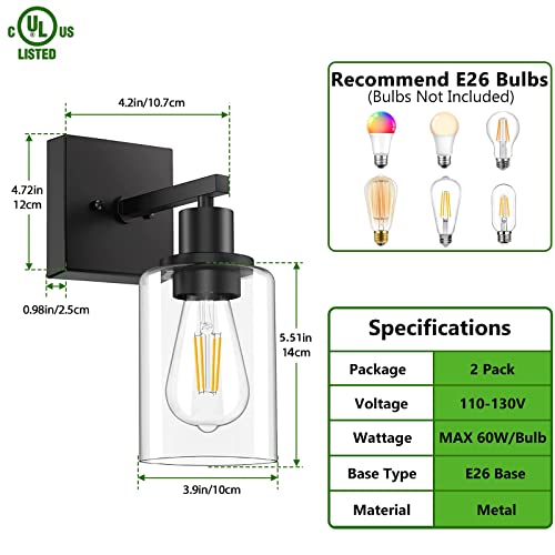 Licperron Black Vanity Wall Sconces Set of Two, Modern Sconces Wall Lighting Fixture with Clear Glass Shade for Bathroom, Industrial Metal Wall Mount Lamp for Bedroom Mirror Living Room - Image 3