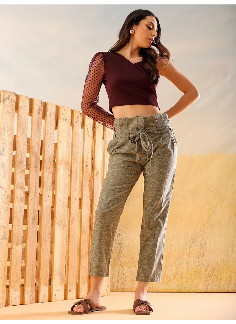 مرفوعة Olive Women Straight Fit Casual Solid Regular High Waist Trousers