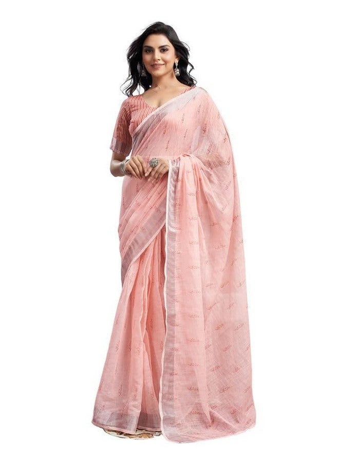 SIRIL ساري سيريلي النسائي القطني المطبوعة بخطوط زري الجاهز للارتداء مع قطعة بلوزة غير مخيطة (18RS160A_خوخي1) - Image 1