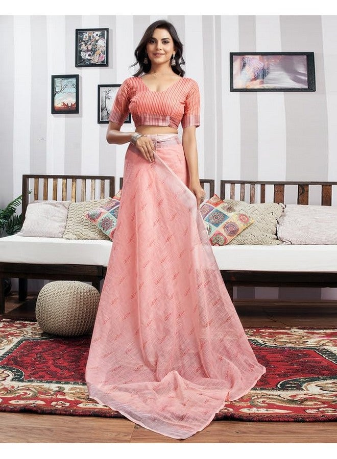 SIRIL ساري سيريلي النسائي القطني المطبوعة بخطوط زري الجاهز للارتداء مع قطعة بلوزة غير مخيطة (18RS160A_خوخي1) - Image 5