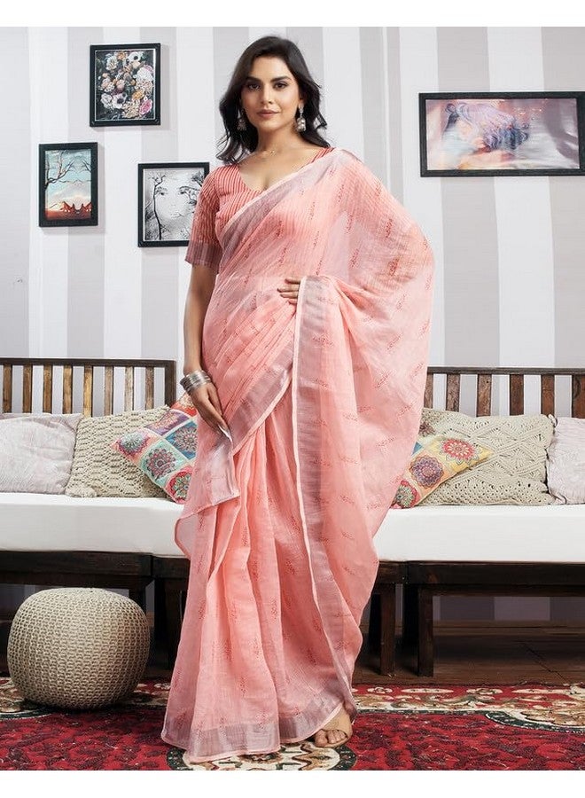 SIRIL ساري سيريلي النسائي القطني المطبوعة بخطوط زري الجاهز للارتداء مع قطعة بلوزة غير مخيطة (18RS160A_خوخي1) - Image 4