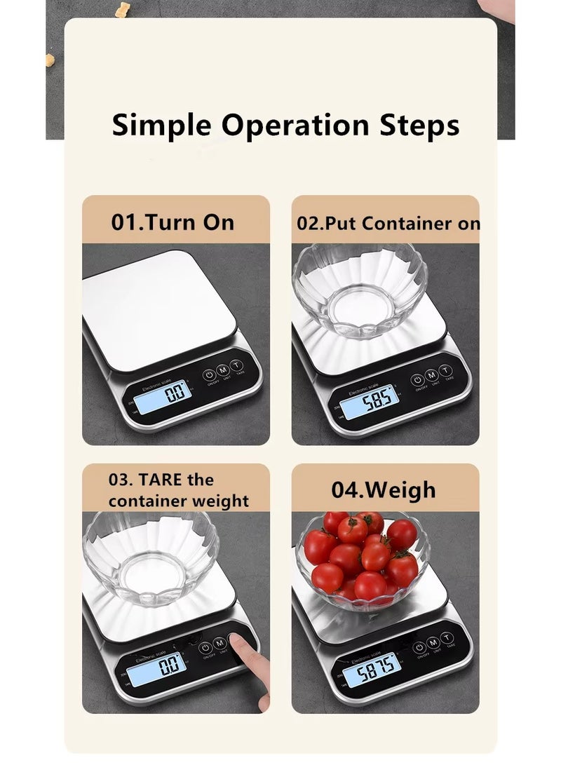 ميزان مطبخ إلكتروني رقمي ستانلس بدقة 1 جرام – حمولة حتى 10 كجم مع شاشة LCD وإضاءة خلفية - Image 4