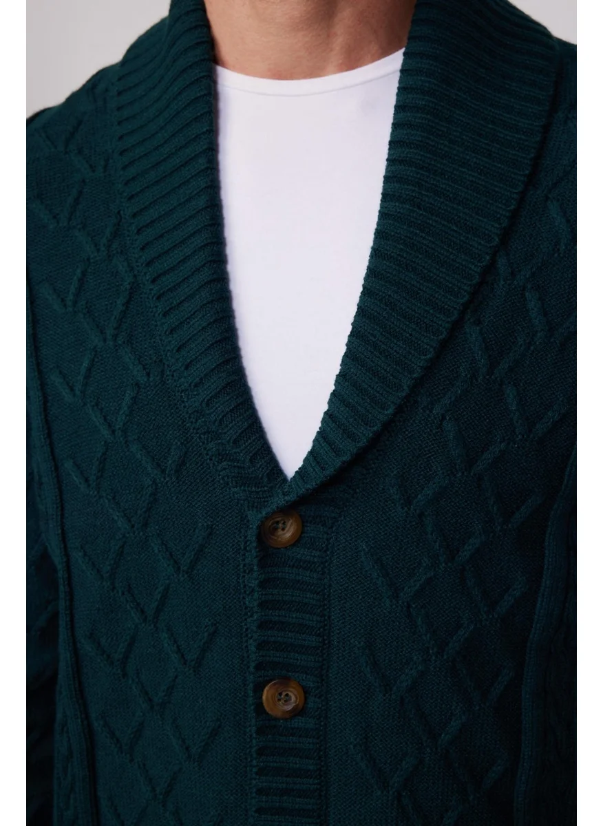 Tudors Slim Fit Slim Cut Patterned Soft Texture Buttoned Green Men's Cardigan