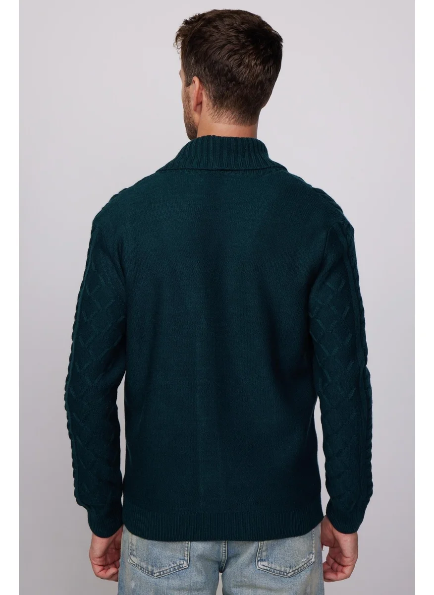 Tudors Slim Fit Slim Cut Patterned Soft Texture Buttoned Green Men's Cardigan