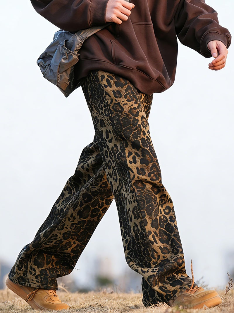 FantasyGears Leopard Print Jeans Elastic Fabric Baggy Wide Leg Vintage Printed Straight Leg Denim Pants with Pockets - Image 3