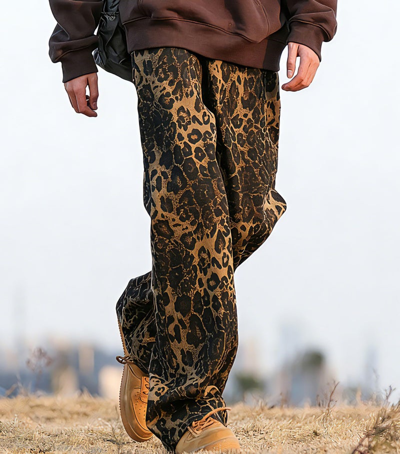 FantasyGears Leopard Print Jeans Elastic Fabric Baggy Wide Leg Vintage Printed Straight Leg Denim Pants with Pockets - Image 2