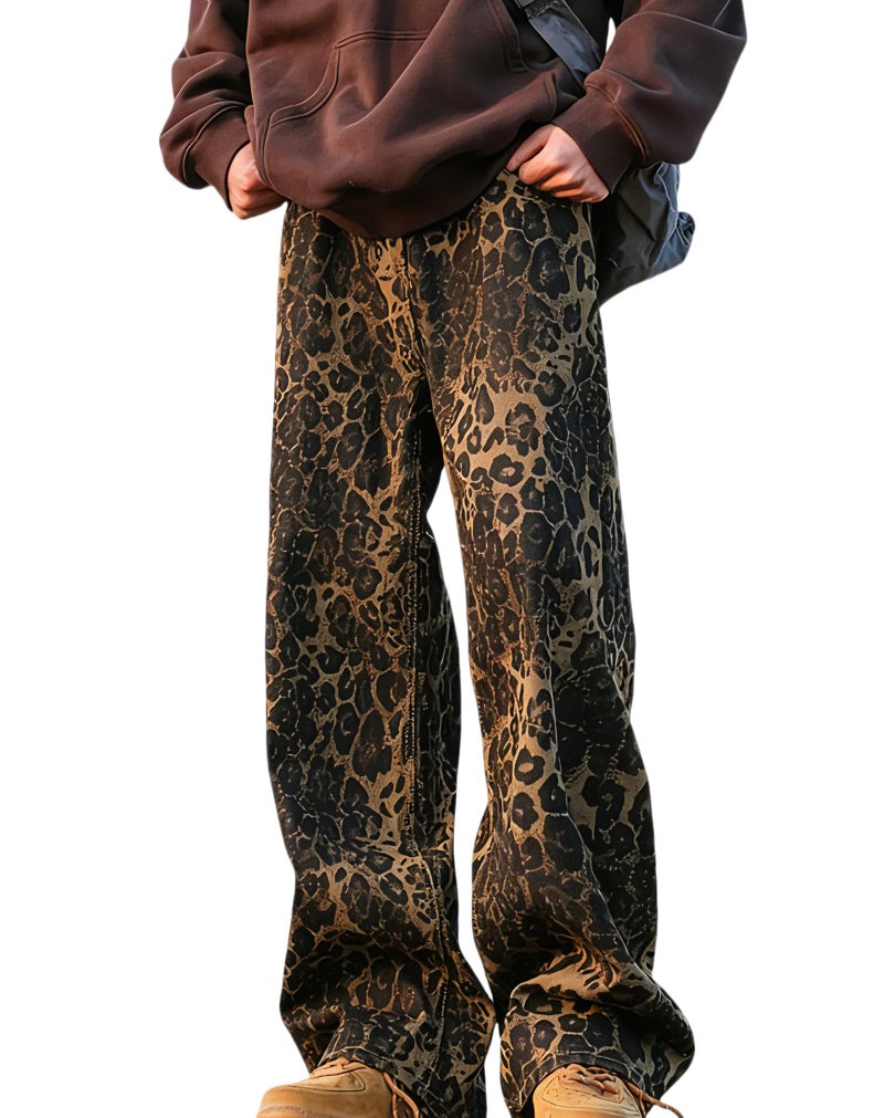 FantasyGears Leopard Print Jeans Elastic Fabric Baggy Wide Leg Vintage Printed Straight Leg Denim Pants with Pockets - Image 1