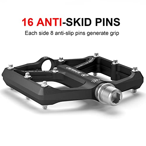 GEWAGE Road/Mountain Bike Pedals - 3 Bearings Bicycle Pedals - 9/16” CNC Machined Flat Pedals with Removable Anti-Skid Nails (Black) - Image 3