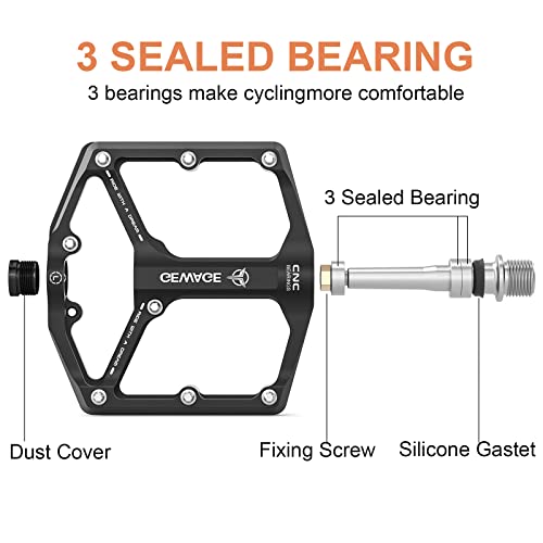 GEWAGE Road/Mountain Bike Pedals - 3 Bearings Bicycle Pedals - 9/16” CNC Machined Flat Pedals with Removable Anti-Skid Nails (Black) - Image 4