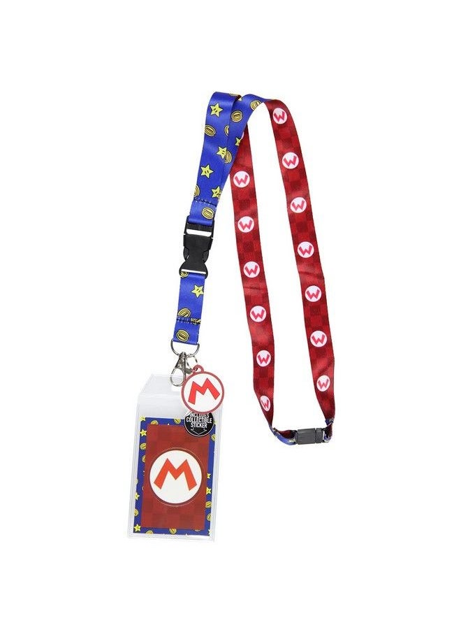 Bioworld - Super Mario Star And Mario Logo Reversible Breakaway Keychain Lanyard Id Holder Rubber Mario Charm And Sticker - Image 1