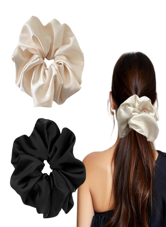 PIDOUDOU 2 Pieces Jumbo Satin Silk Scrunchies for Women 7.5 Inches Large Oversize Scrunchies For Thick Hair Ties Hair Ornament (Black and Beige) - Image 1