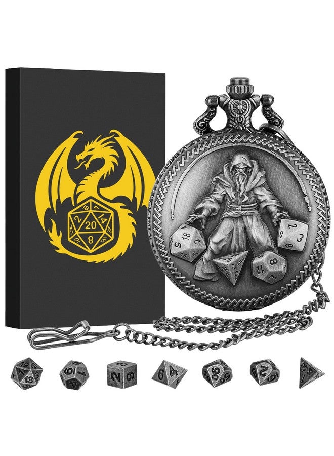 Keller & Weber Mini DND Dice Set, Hand Held Dice Wizard Pocket Watch Shell Case, 7 Piece Polyhedral Metal D&D Dice Set, DND Gifts with Gift Box, Role Playing Board Game Accessories, Dark Silver  - Image 1