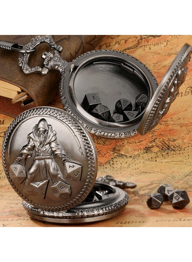 Keller & Weber Mini DND Dice Set, Hand Held Dice Wizard Pocket Watch Shell Case, 7 Piece Polyhedral Metal D&D Dice Set, DND Gifts with Gift Box, Role Playing Board Game Accessories, Dark Silver  - Image 2