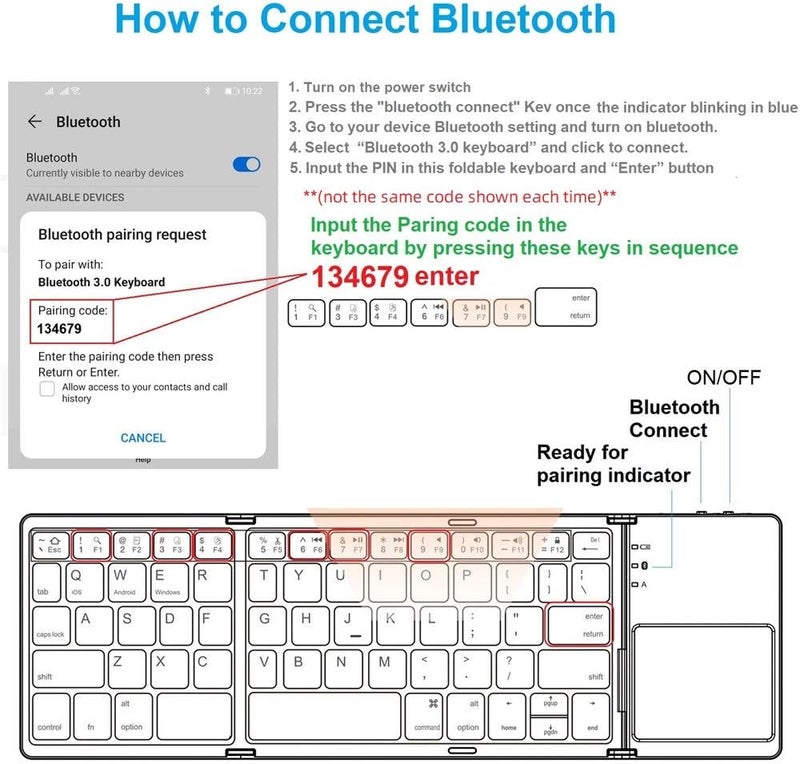 eWINNER لوحة مفاتيح لاسلكية محمولة قابلة للطي وقابلة لإعادة الشحن مع لوحة لمس لهاتف iPhone15 Pro Max / للآيباد / اللوحي / الهاتف الذكي (منفذ Type C) - Image 3