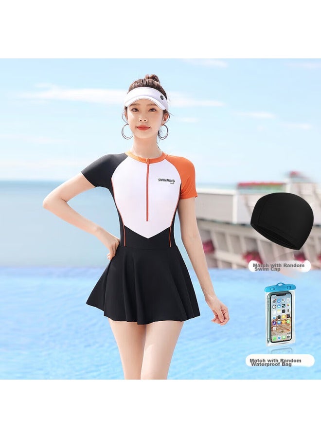 F.dyraa Women's Swimsuit, Conservative One-piece Swimwear For Hot Springs, Tummy Control, Slimming Effect, Three-piece Set, 13002 Coffee Color, 2XL - Image 1