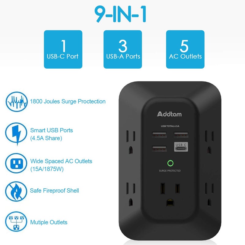 Addtam USB Wall Charger Surge Protector - Addtam 5 Outlet Extender with 4 USB Charging Ports (1 USB C), 3-Sided 1800J Power Strip Multi Plug Outlets Adapter Widely Spaced,Black - Image 2
