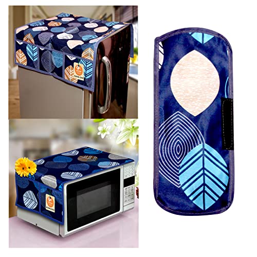 KANUSHI Industries® Fridge Covers/Refrigerator Cover + 1 Pc Handle Cover + 1 Pc Microwave/Oven Cover for Top (Color- Blue)(Copy-FRI+Micro-Blue-Long-Leaves+1 Handle) - Image 1