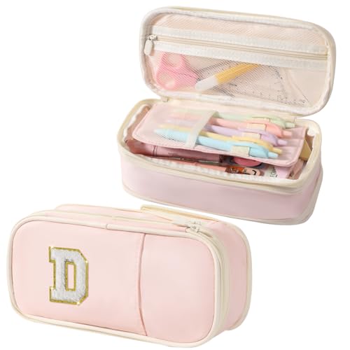 Janhavi Preppy Pencil Case for School Supplies, Large Initial Pencil Pouch with Zipper, Cute Pencil Bag for Office Supplies, Aesthetic Birthday Gift for Kids Teen Girls Adults - Pink D(Chenille) - Image 1