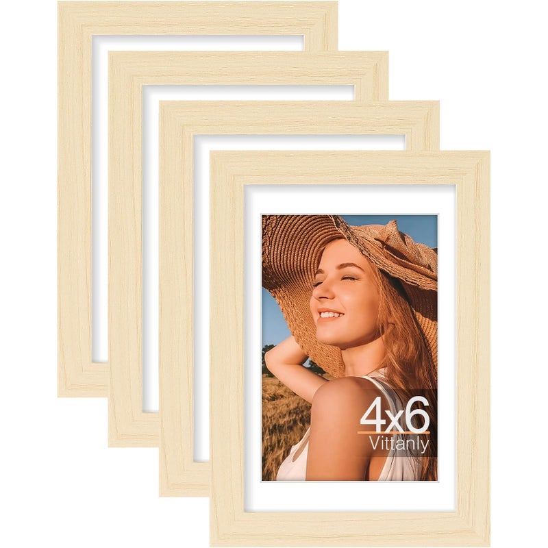 Vittanly 4x6 Picture Frames Set of 4  Display Pictures 3.5x5 with Mat or 4x6 without Mat  Photo Frames for Wall or Tabletop Display  Engineered Wood with Shatter Resistant Plexiglass  Light Natural - Image 1