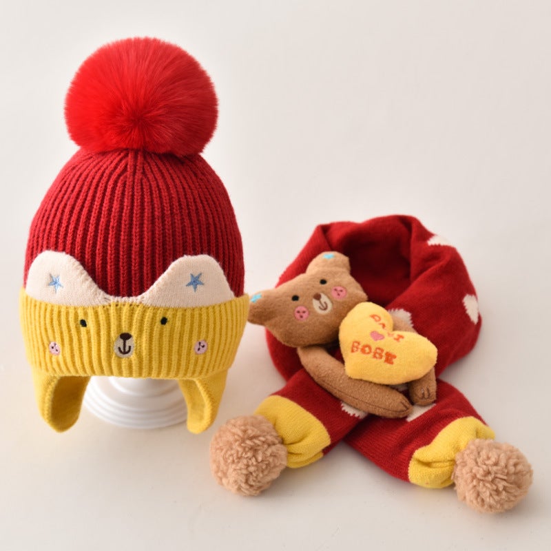 1-3 years old three-dimensional cartoon childrens hat scarf two-piece set Autumn and Winter Childrens warm wool hat scarf suit Red-suit - Image 1