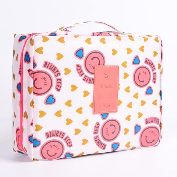 ERHETUS Multipurpose Travel Cosmetic Makeup Pouch | Multi Pockets Toiletry Bags & Travelling Pouches for Girls | Inner Ware Storage Organizer & Wash Bag for Women - Pink Smiley (Size: 21x16x08 cm) - Image 1