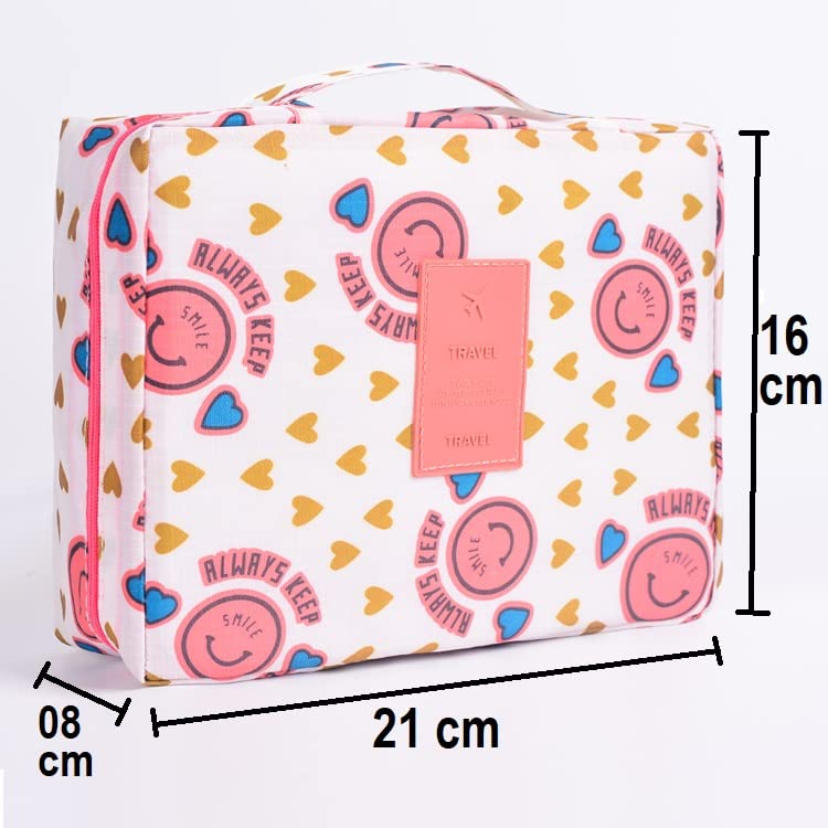 ERHETUS Multipurpose Travel Cosmetic Makeup Pouch | Multi Pockets Toiletry Bags & Travelling Pouches for Girls | Inner Ware Storage Organizer & Wash Bag for Women - Pink Smiley (Size: 21x16x08 cm) - Image 4