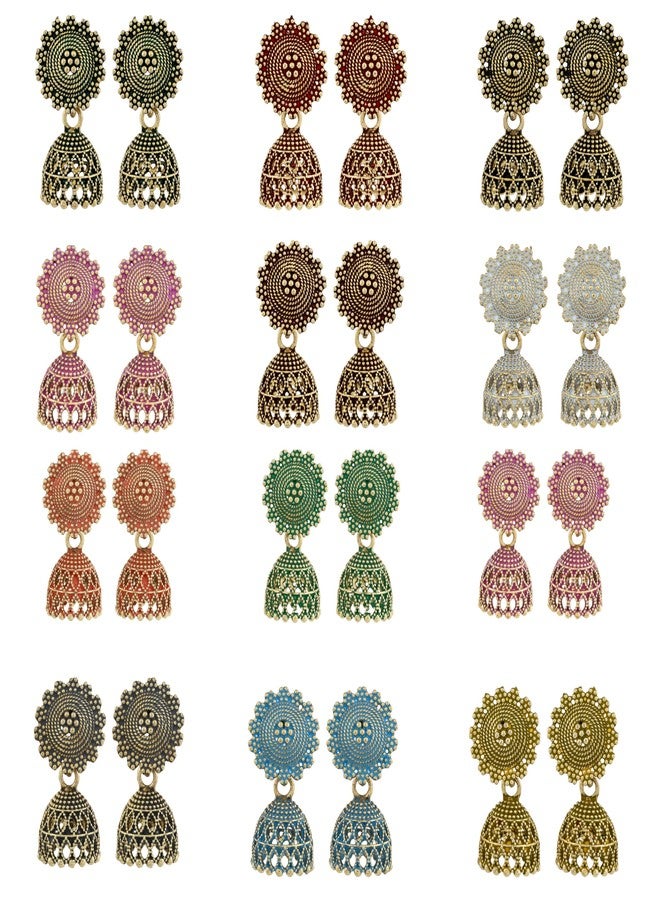 DEW MAT Fancy Fashion Jewellery Jhumka meenakari oxidised kundans flower Earrings for Women Girls Ladies Wife South Indian Traditional Earrings Set stylish small Jhumki Combo pack OF 12 - Image 1