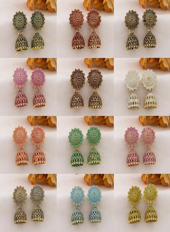 DEW MAT Fancy Fashion Jewellery Jhumka meenakari oxidised kundans flower Earrings for Women Girls Ladies Wife South Indian Traditional Earrings Set stylish small Jhumki Combo pack OF 12 - Image 3