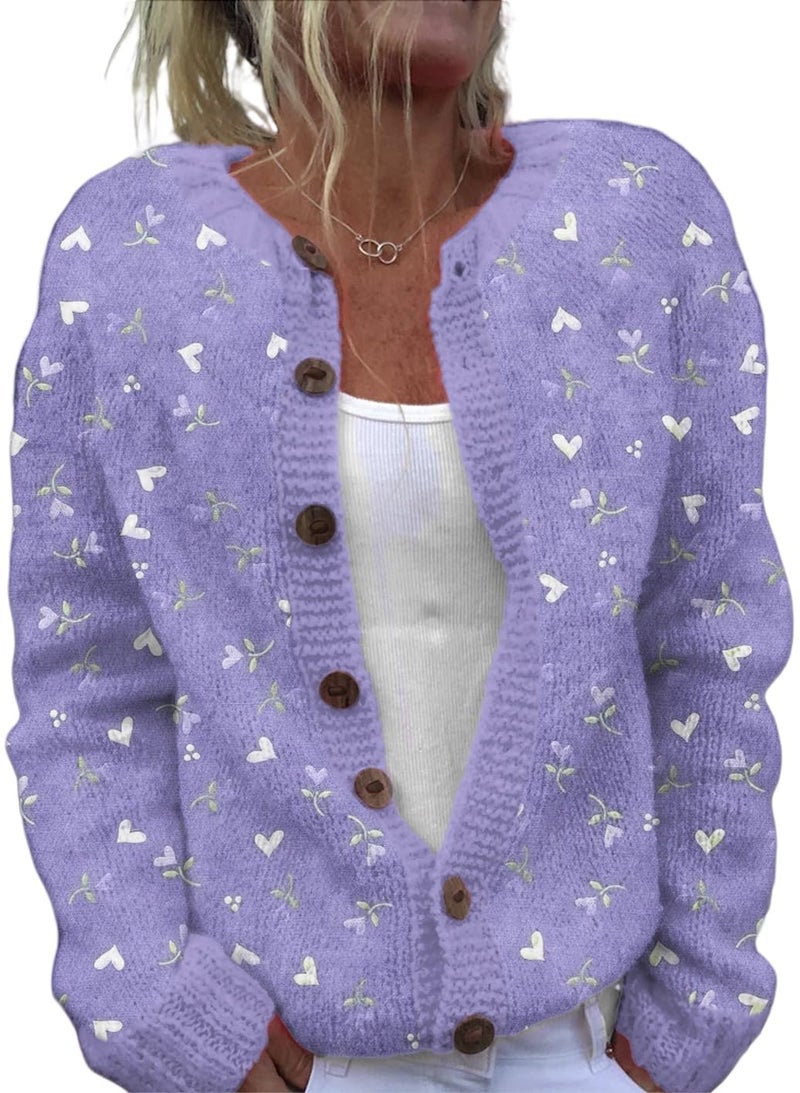 Women's Funny Fall Winter Long Sleeve Plant Floral Button Knit Cardigan Sweater Vintage Knitted Outerwear(Plant-Purple,XL)