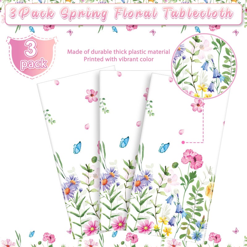 Jectivs 3Pcs Spring Floral Plastic Tablecloth,Pink Purple Blue Flower Butterfly Disposable Table Cover for Home Decor Summer Spring Picnic Dining Holiday Weeding Birthday Tea Party Decorations,54x108 Inch - Image 3