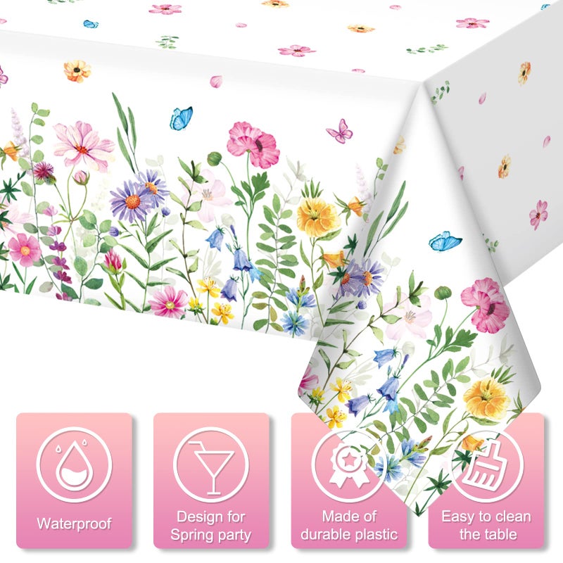 Jectivs 3Pcs Spring Floral Plastic Tablecloth,Pink Purple Blue Flower Butterfly Disposable Table Cover for Home Decor Summer Spring Picnic Dining Holiday Weeding Birthday Tea Party Decorations,54x108 Inch - Image 4
