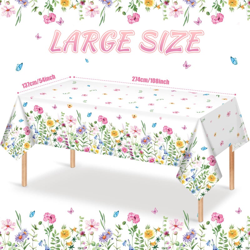 Jectivs 3Pcs Spring Floral Plastic Tablecloth,Pink Purple Blue Flower Butterfly Disposable Table Cover for Home Decor Summer Spring Picnic Dining Holiday Weeding Birthday Tea Party Decorations,54x108 Inch - Image 2