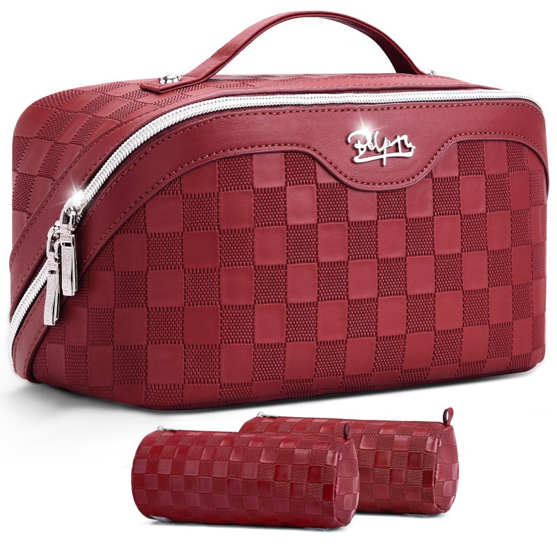 BOYATU Travel Makeup Bag Organizer: 3 Pcs Set Large Capacity Cosmetic Bags Holds 10â€“20 100ml Full-Size Bottles - 180Â°Open-Flat Make up Case 3-sec touch-up - Toiletry Bag Gift women (03-A-Red) - Image 1