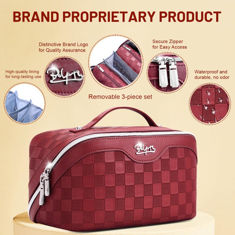 BOYATU Travel Makeup Bag Organizer: 3 Pcs Set Large Capacity Cosmetic Bags Holds 10â€“20 100ml Full-Size Bottles - 180Â°Open-Flat Make up Case 3-sec touch-up - Toiletry Bag Gift women (03-A-Red) - Image 3