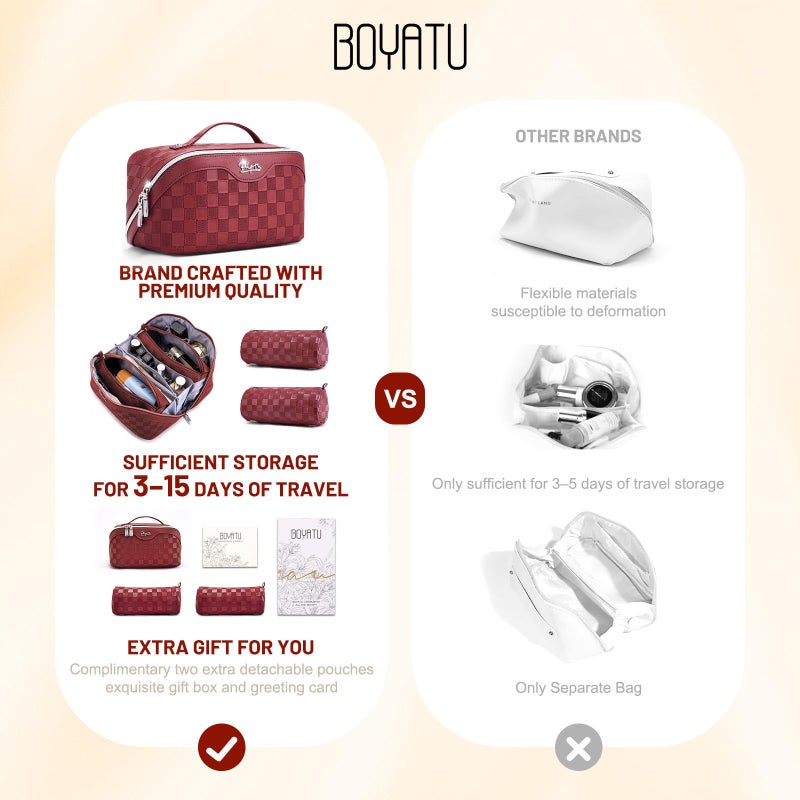 BOYATU Travel Makeup Bag Organizer: 3 Pcs Set Large Capacity Cosmetic Bags Holds 10â€“20 100ml Full-Size Bottles - 180Â°Open-Flat Make up Case 3-sec touch-up - Toiletry Bag Gift women (03-A-Red) - Image 2
