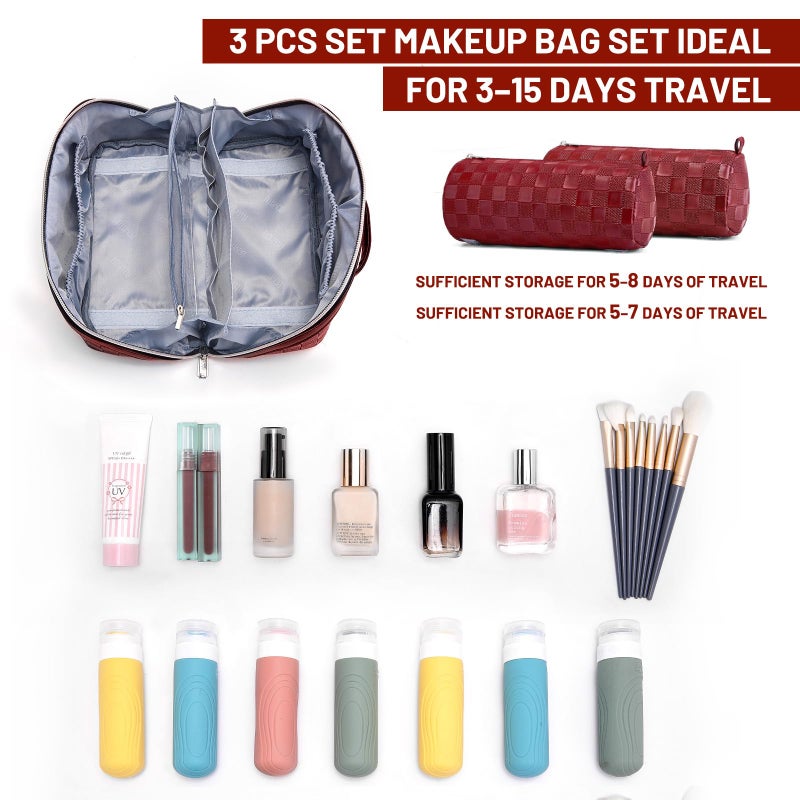 BOYATU Travel Makeup Bag Organizer: 3 Pcs Set Large Capacity Cosmetic Bags Holds 10â€“20 100ml Full-Size Bottles - 180Â°Open-Flat Make up Case 3-sec touch-up - Toiletry Bag Gift women (03-A-Red) - Image 4