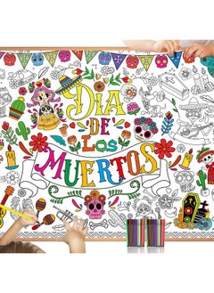 HOWAF Dia De Los Muertos Coloring Poster With 24 (12 Colors) Paint Pens, Dia De Los Muertos Party Decoration Supplies Coloring Poster Banner For Mexican Themed Party, Day Of The Dead Coloring Table  - Image 1