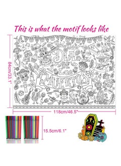 HOWAF Dia De Los Muertos Coloring Poster With 24 (12 Colors) Paint Pens, Dia De Los Muertos Party Decoration Supplies Coloring Poster Banner For Mexican Themed Party, Day Of The Dead Coloring Table  - Image 2