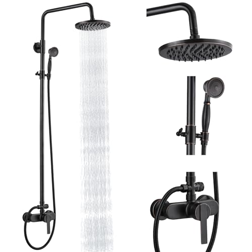 Heyalan Oil Rubbed Bronze Exposed Pipe Shower System 8 Inch Rainfall Shower Head Brass Fixture Combo Set Single Handle Handheld Sprayer Bathroom Shower Faucet Dual Functions - Image 1
