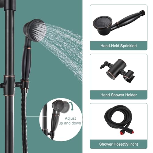 Heyalan Oil Rubbed Bronze Exposed Pipe Shower System 8 Inch Rainfall Shower Head Brass Fixture Combo Set Single Handle Handheld Sprayer Bathroom Shower Faucet Dual Functions - Image 5