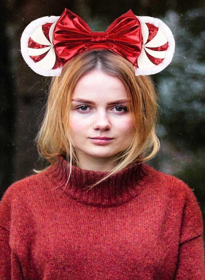 LSHDXD Christmas Mouse Ears Bow Headband Hair Hoop With a Plush Circle Around the headband Glitter Snowflake Hair bands for Christmas Party Supplies - Image 3