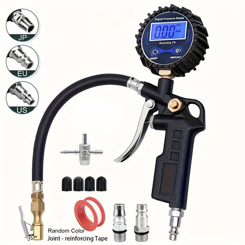 مقياس ضغط الإطارات الرقمي مع موزع هواء، موصلات EU US JP، 250 PSI، مشعب هواء ثقيل. - Image 1