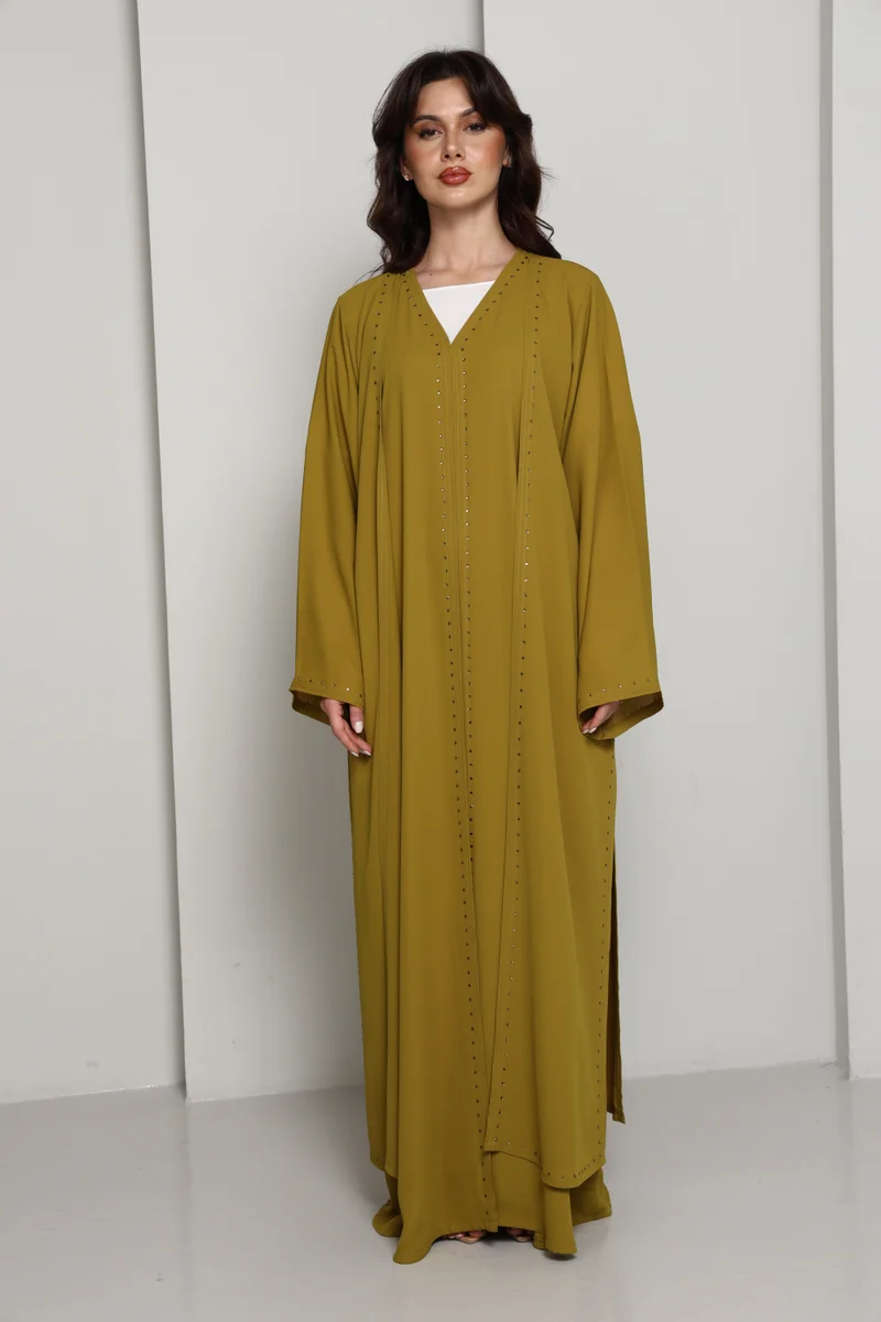 Olive Mustard Open Abaya with Subtle Stud Embellishment